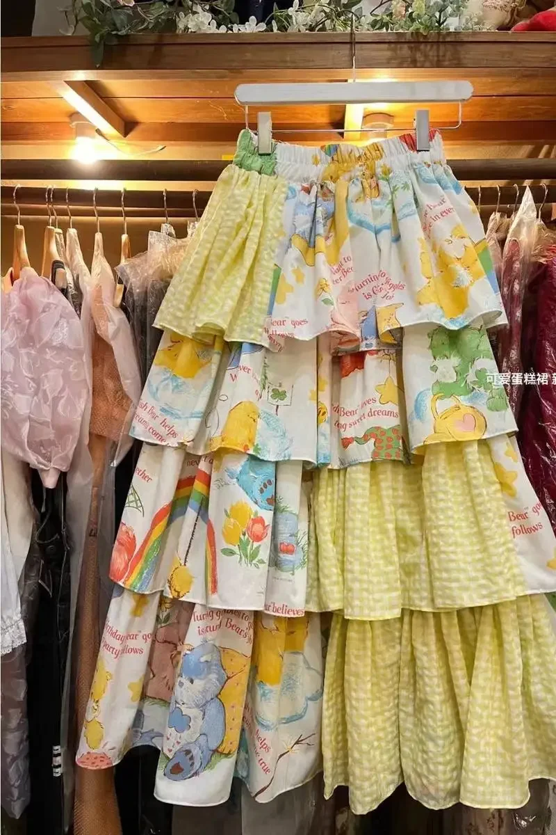 2024 manis multilapis rok kue Ruffles wanita Vintage Harajuku mode cetak sambungan Korea elastis pinggang tinggi rok A-Line