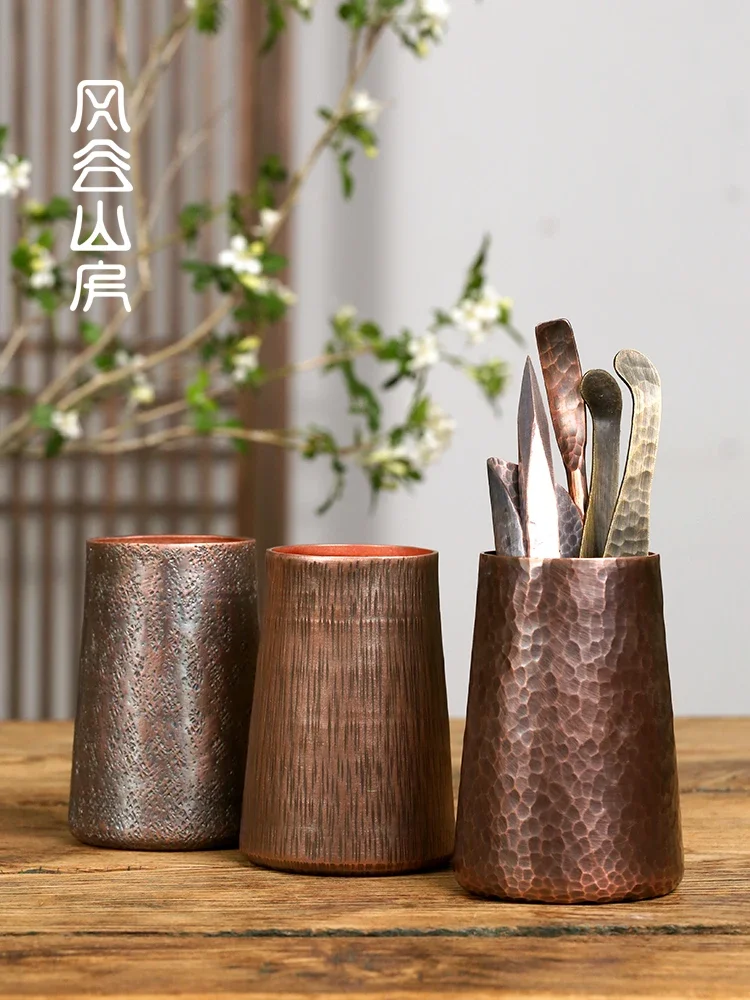 Chinese handmade hammer pattern copper tea tube, ceremony six gentlemen accessories,  knife clip storage tube, study pen holder