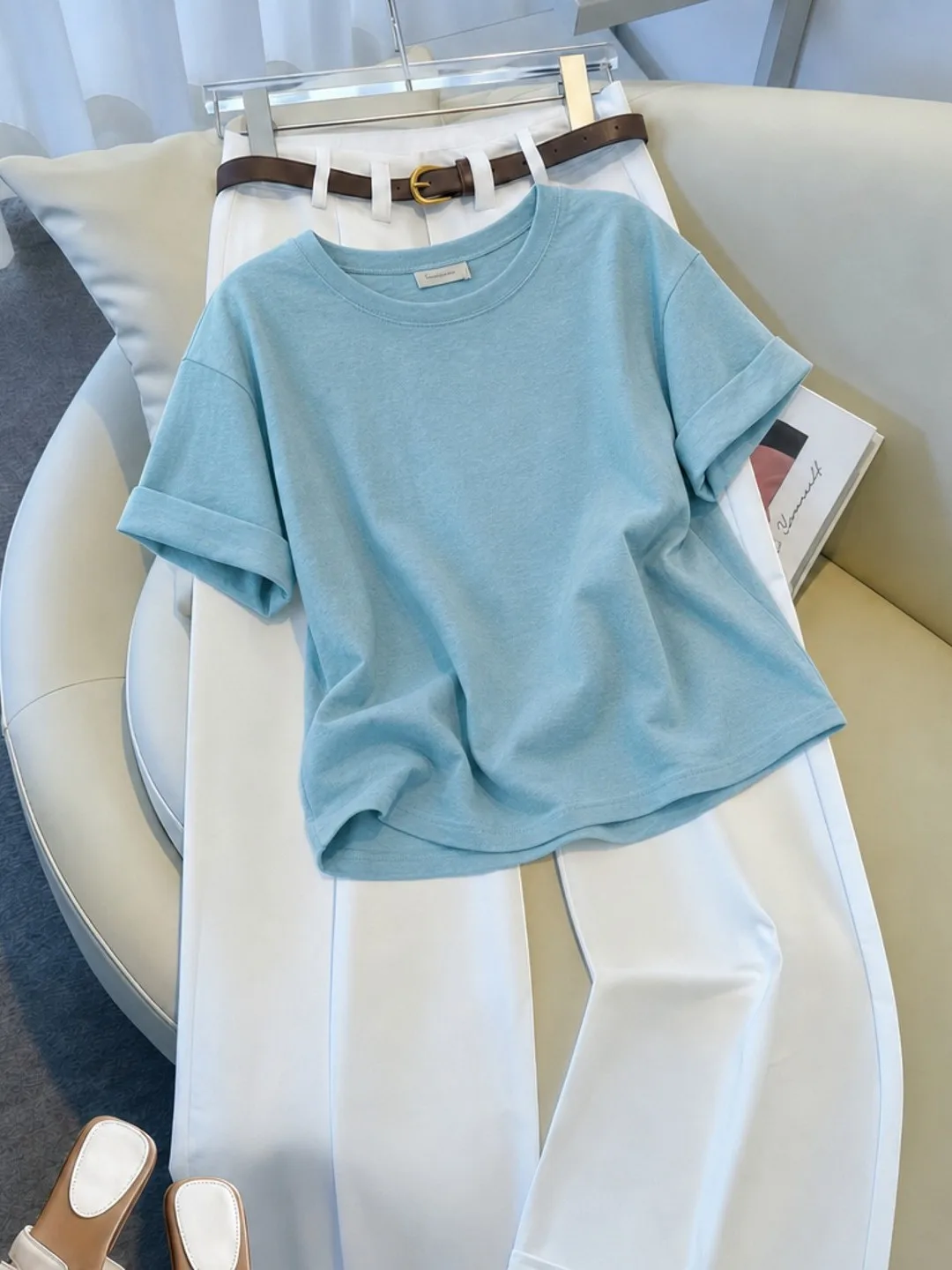 Ultra-Bright Lake Blue Short-Sleeve Loose Women's T-Shirt Summer Trendy round Neck Top Age-Defying Korean Style Citywalk
