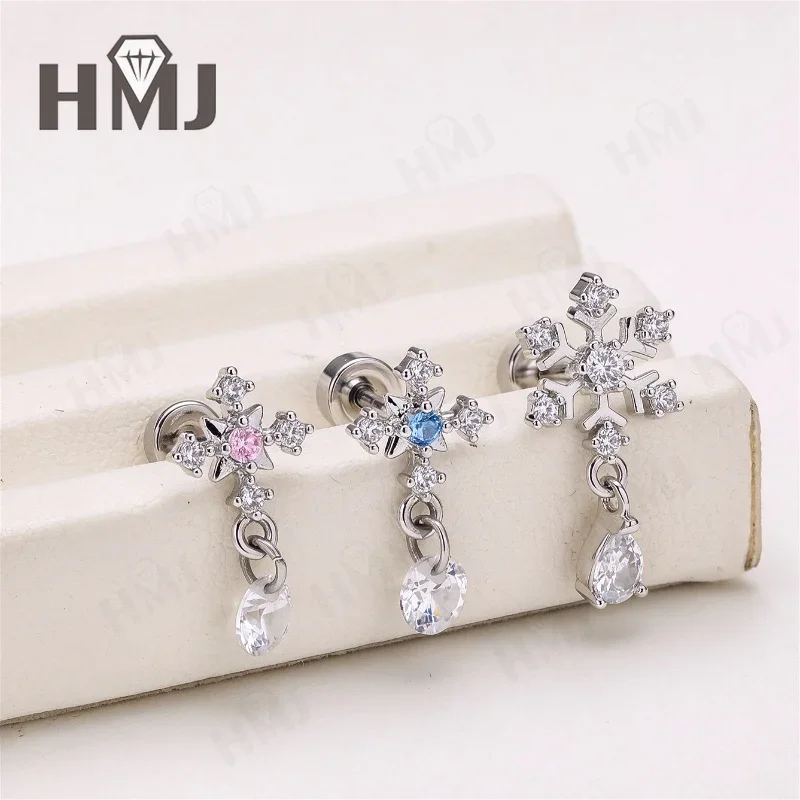Ear Bone Nail Stainless Steel Silver Color Round Cut 1PCS Cartilage Earrings Delicate Snowflake Birthday Gifts for Women Jewelry