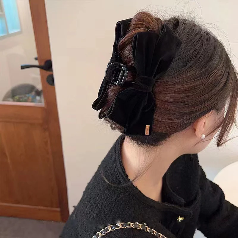 Horquillas de pelo de lazo de terciopelo negro para mujer, Clips de pelo de lazo de tela elegante de gran tamaño, Clip de cola de caballo de moda, accesorios de diadema