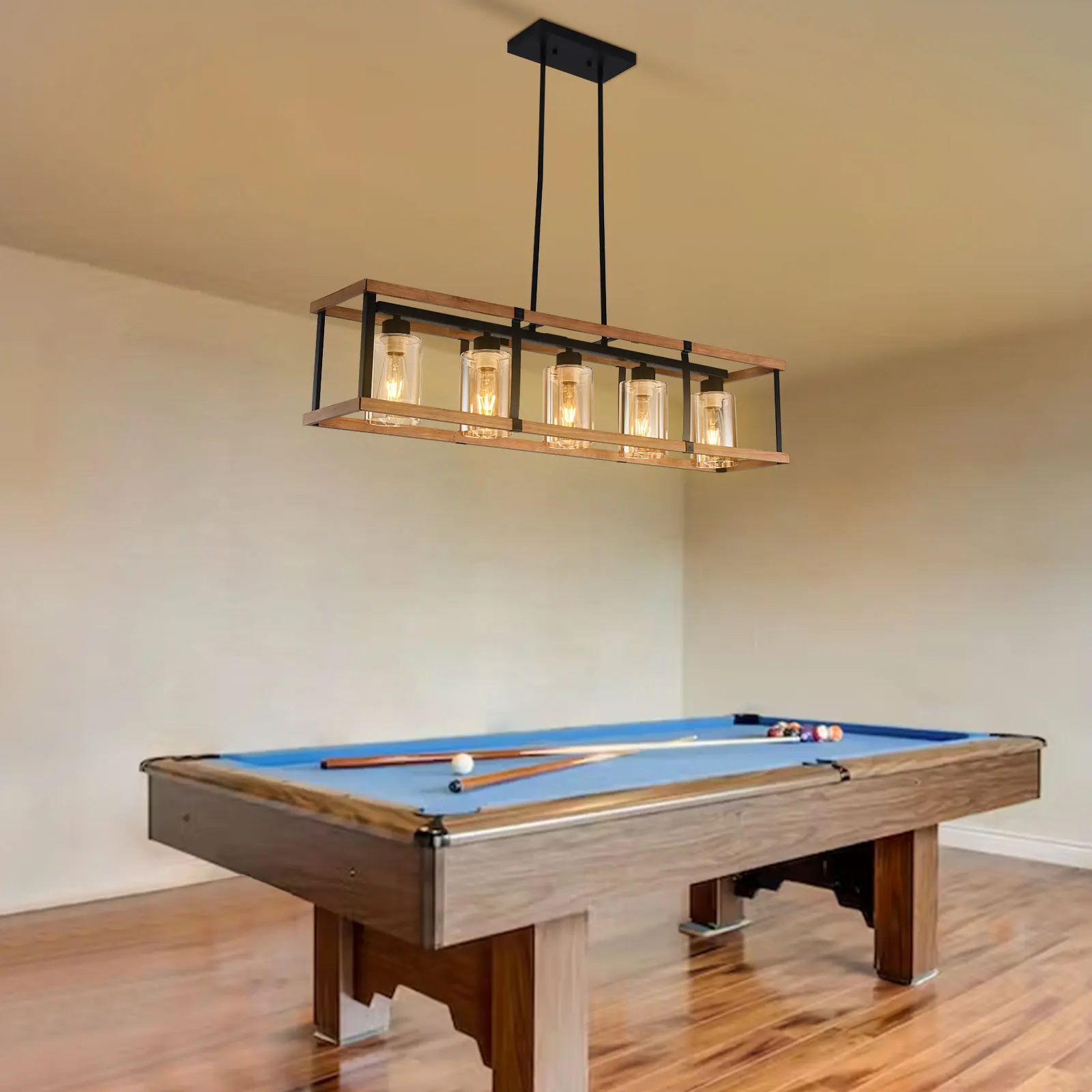 

Wooden Farmhouse Chandelier, 5-Light Rectangle Kitchen Island Lamp Fixtures Industrial Linear Metal Cage Pendant E26 for Dining