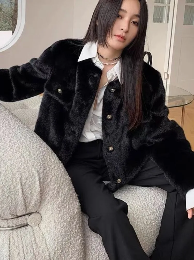 Black Imitation Mink Fur Coat Autumn Winter Jacket Short Single Breasted Women Faux Fur Coat Outerwear Snow Jacket