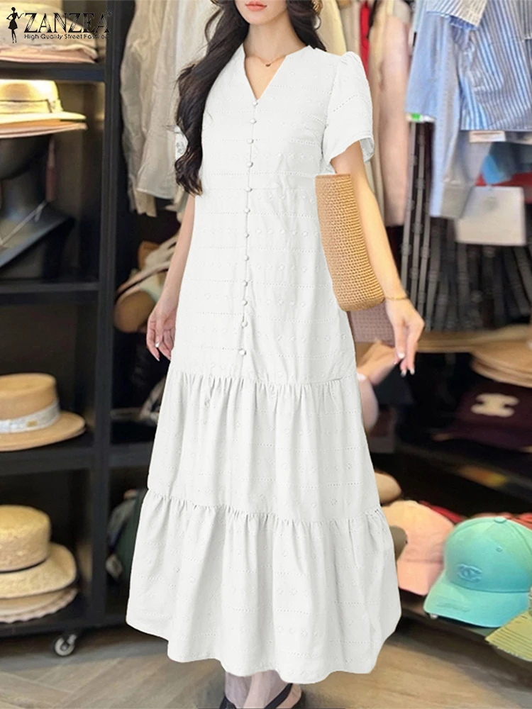 ZANZEA Letnia Bawełniana Długa Sukienka Damska Modna Koronkowa Sukienka Letnia 2025 Dekolt V Elegancka Codzienna Jednolita Krótki Rękaw Falbanki Maxi Vestidos