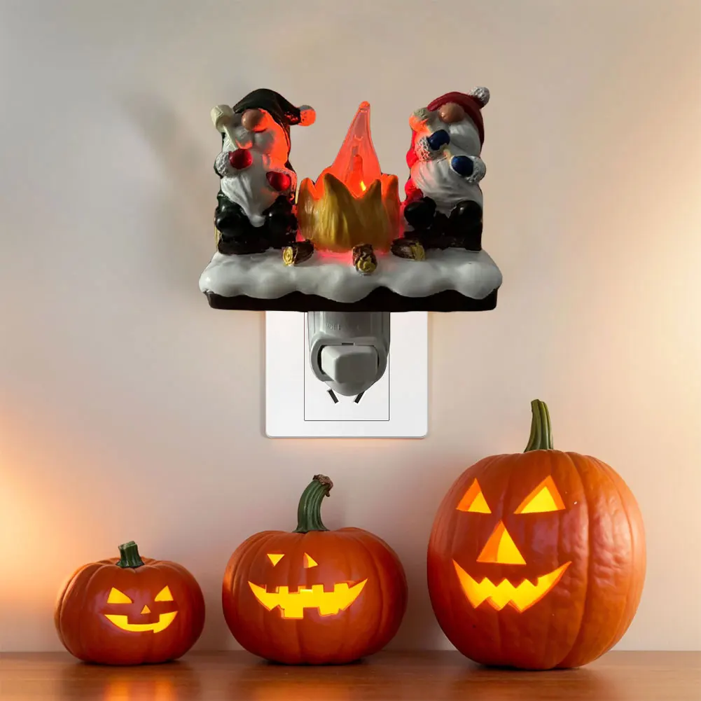 Friendly Mice/Gnome Campfire Night Light Plug-in Flickering Nightlight Indoor Lights for Halloween Christmas Home Decorations