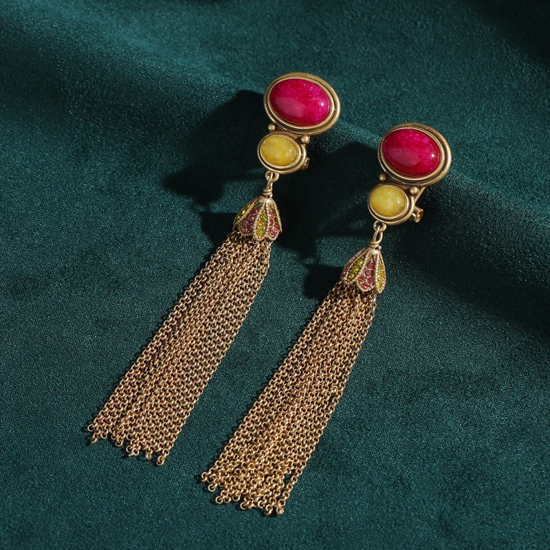 

Vintage Red Stone Long Hanging Earrings Tassel Chain Woman Rhinestone Gold Color Retro Designer Luxury Quality Jewelry 2025
