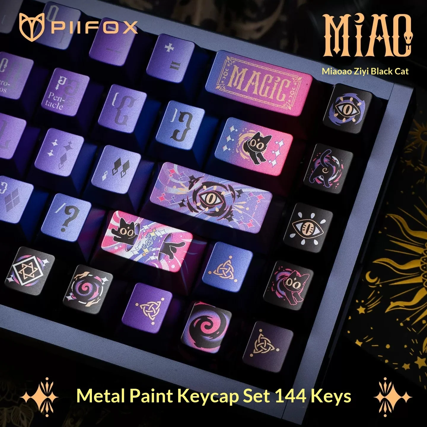 PIIFOX Mystic Purple Black Cat Metallic Paint Dye Sub PBT Keycaps 144 Keys Custom Mechanical Gaming Keyboard Esports Accessory