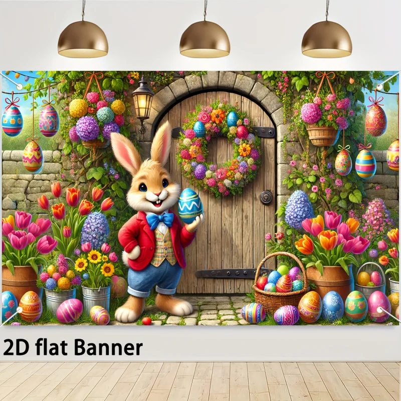 VIKAMA 2D Flaches Osterhase-Banner, Buntes Eier-Muster Hintergrund, Partydekoration, Frühlings-Saisonale Fotorequisite