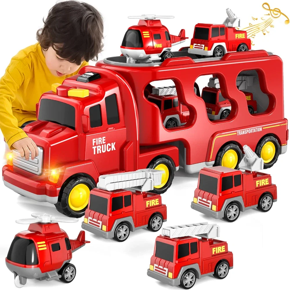 WizKidz Fire Truck Toys 5 In 1 Kids Carrier Friction Power Cars With Light Sound For 3 + Years Old Boys Toddlers Birthday Gifts