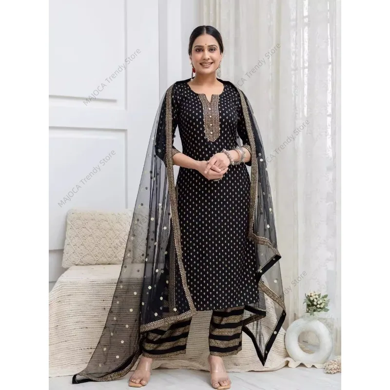 Women's Indian Ethnic Print 3-Piece Kurta Set Mid-Length Cotton Suit with Palazzo Dupatta - view 4