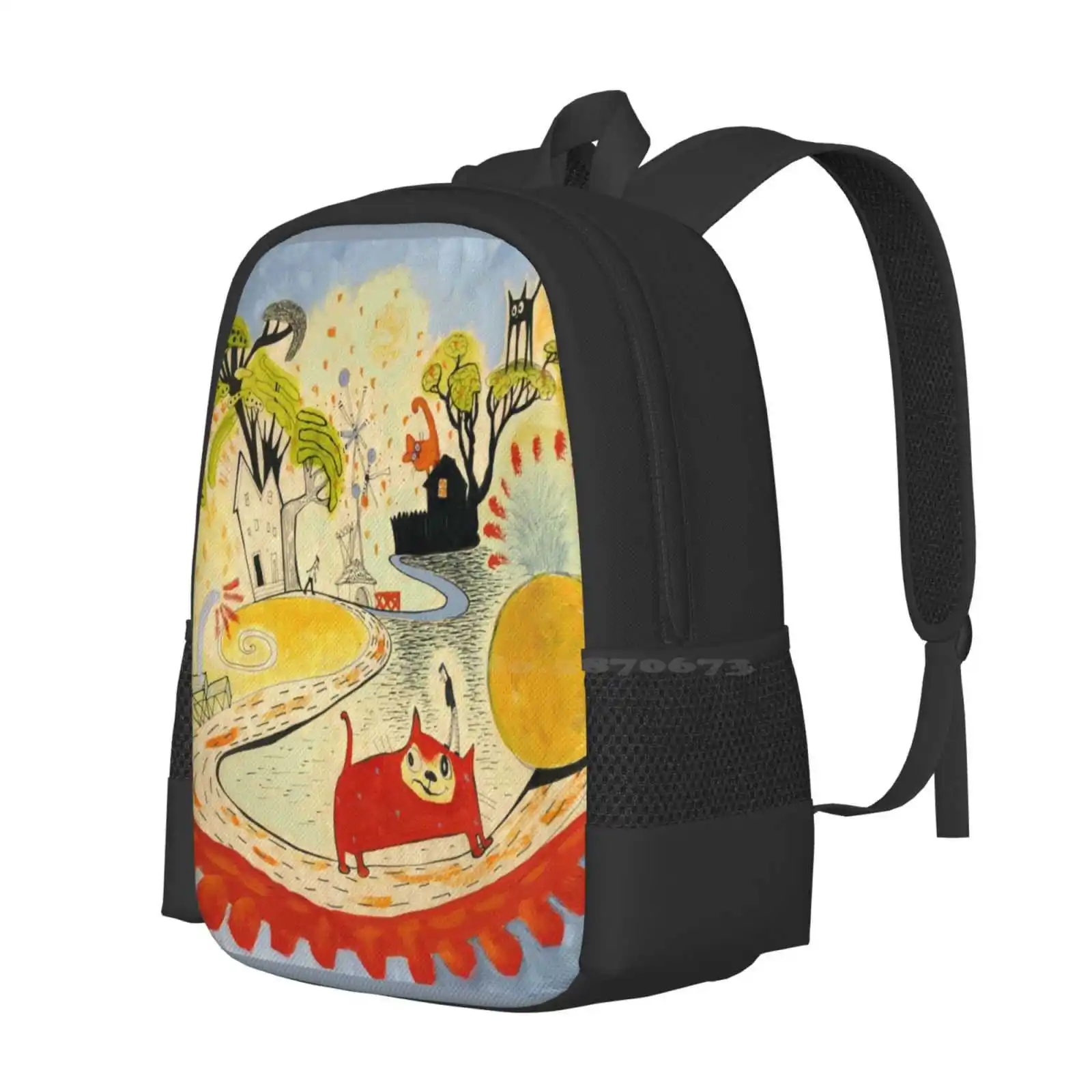 Small World School Bags Travel Laptop Backpack Cats Children Fantasy Houses Trees Whimsical Playful Kids Room Imagination Small