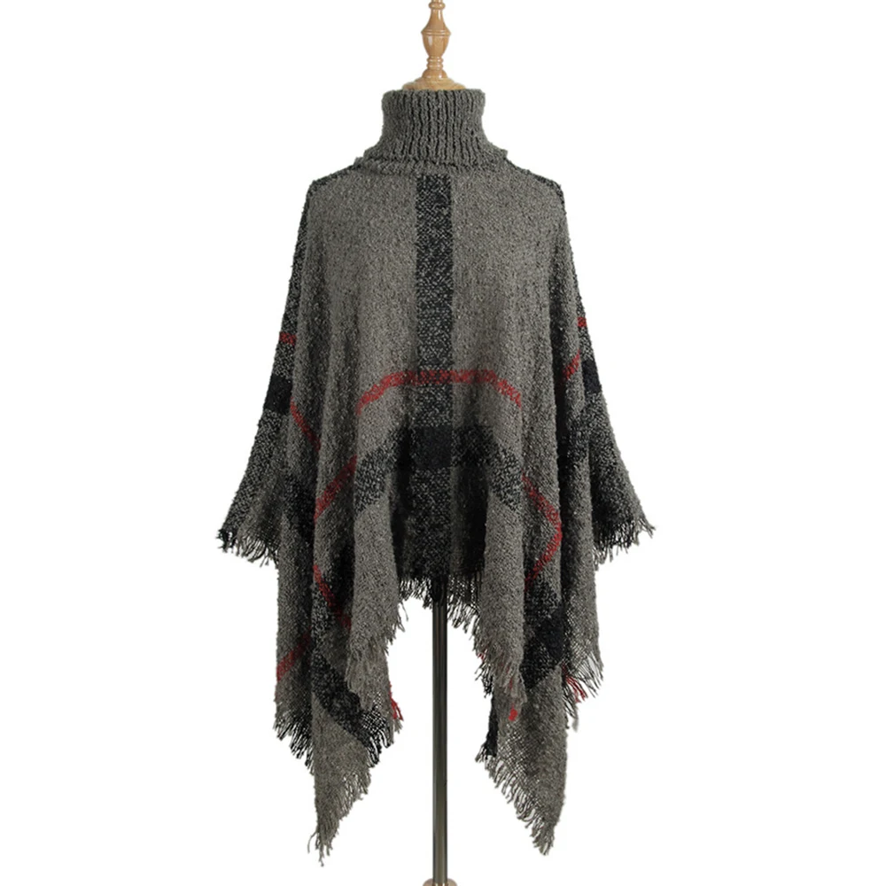 Womens Fringe Knitwear Poncho Knitted Long Sleeve High Neck Asymmetric Tassel Shawl Cape Cloak Oversized Pullover Sweater Jacket