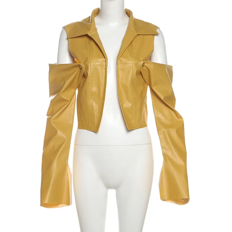 Women Solid Yellow PU Leather Crop Jackets Top Detachable Long Sleeve Hollow Out Turn Down Collar Open Stitch Coats Streetwear