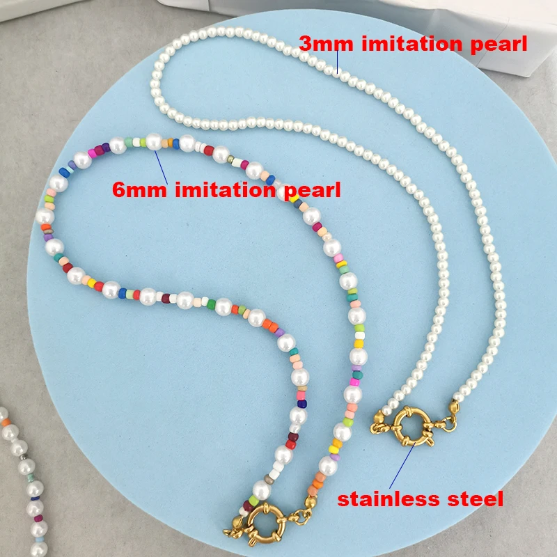 QMHJE Boho Imitation Pearl Necklace Women Choker Stainless Steel Clasp Sailor Buckle DIY Base Chain Beach Gold Color Wholesale
