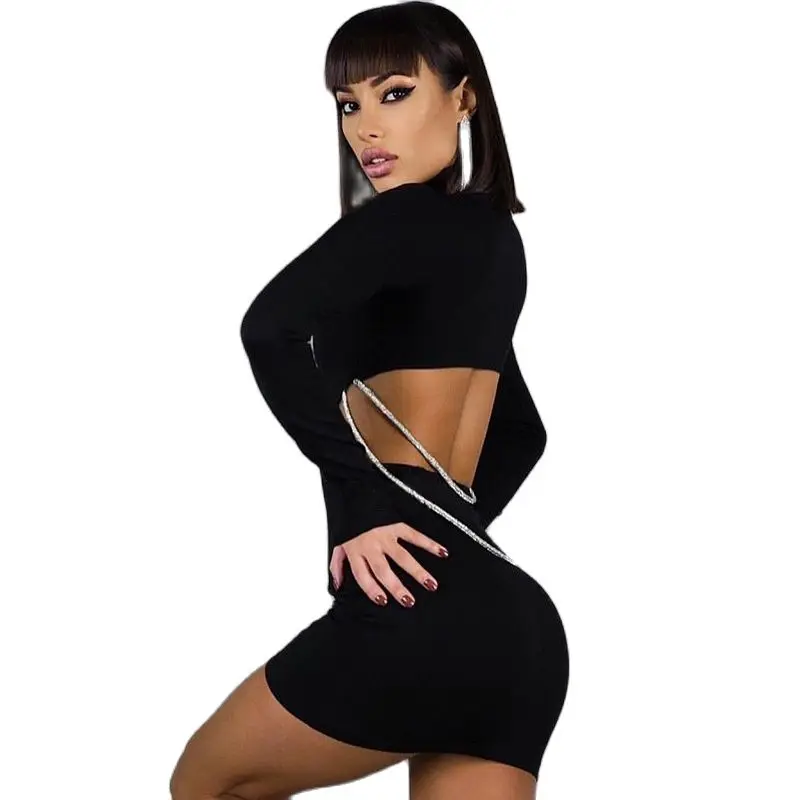 Łańcuch kryptograficzny Sexy Backless wyciąć obcisła sukienka dla kobiet ubrania klub Party elegancka, długa rękaw Mini sukienka Vestido Chic — zdjęcie 2