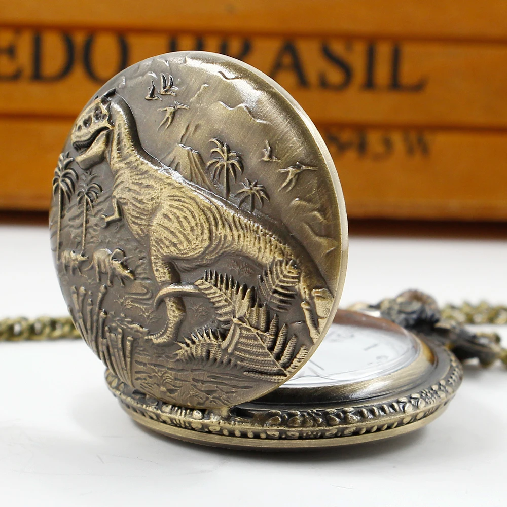 Creative Bronze Dinosaur 3D Carved Quartz Pocket Watch Boy Gift Souvenir Unique Unisex Fob Clock