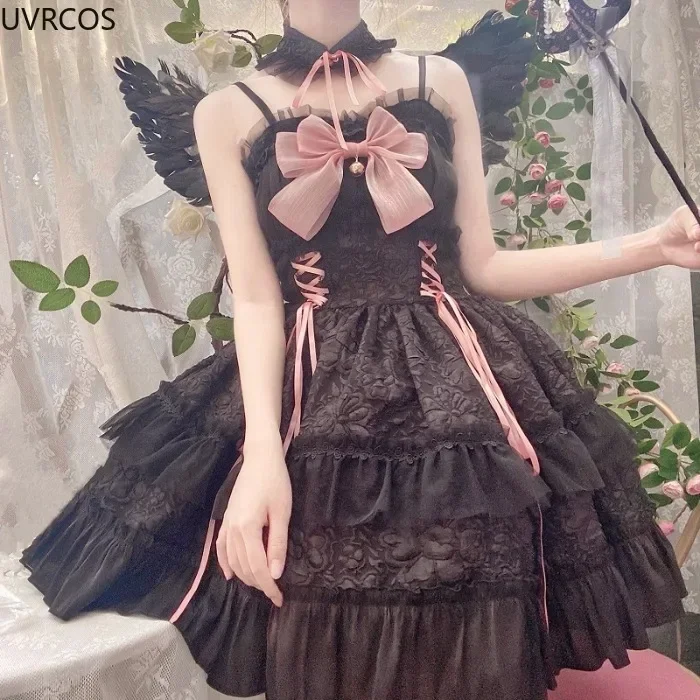 Dark Gothic Lolita Jsk Dress Women Harajuku Kawaii Bow Lace Bandage Princess Slip Dresses Girl Sweet Cute Y2k Party Mini Vestido