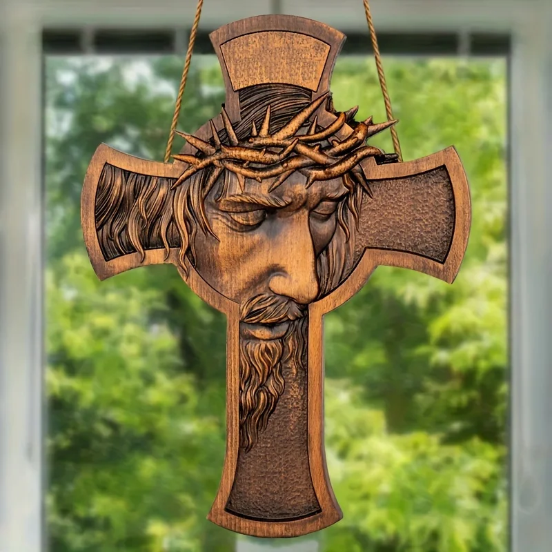 2D Handcrafted Retro Wooden Cross Thorned Crown Christian Statue Wall Hanging Religious-Themed Decor Versatile Room Decor Gift