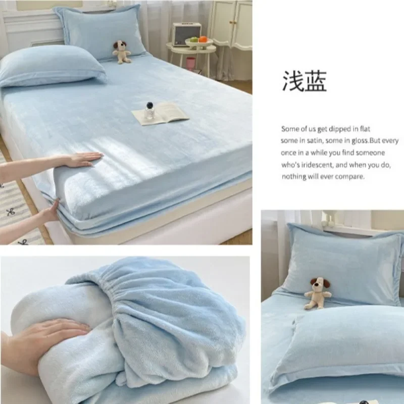 Solid Color Velvet Fitted Sheet  Autumn Winter Soft Comfortable All Inclusive Anti-static Bed Cover Mattress Dust-proof Covers