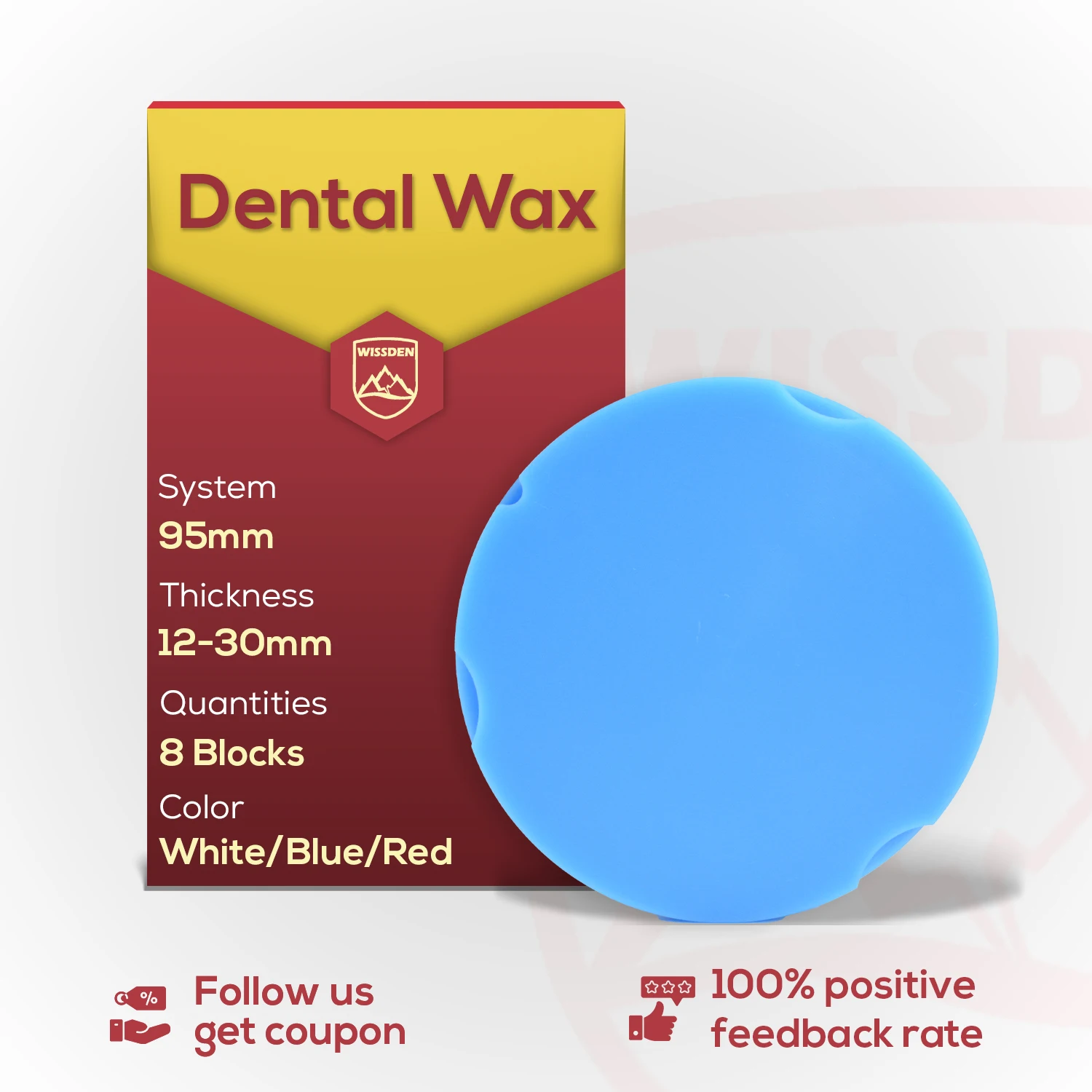 Wissden WAX Disc（8 Pieces）95,12-30mm White/Blue/Red Dental Lab Materials Zirkonzahn System CAD/CAM