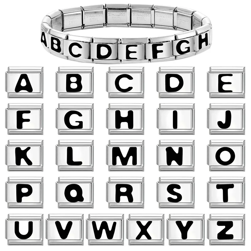 Black 4 Style Laser Alphabet 26 English A-Z Letter Italian Charm Links Fit 9mm Stainless Steel Bracelet DIY Making Jewelry Gifts