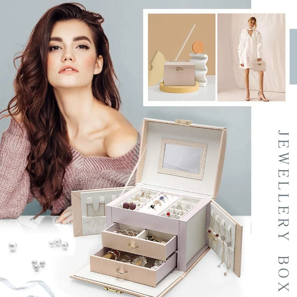 Joyero Collar de pendientes de gran capacidad con caja de almacenamiento de espejo