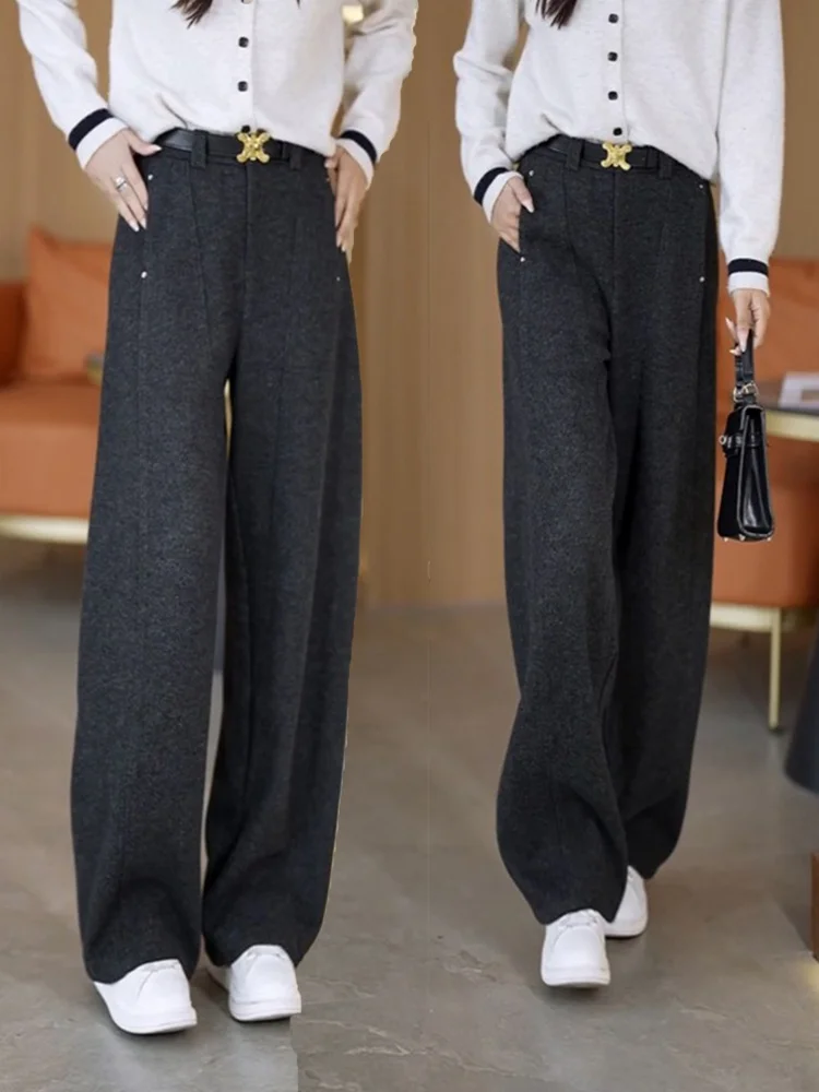Calças de Lã de Cintura Alta com Pernas Largas para Mulheres, Novo Estilo Outono Inverno, Calças Casuais com Caimento Elegante