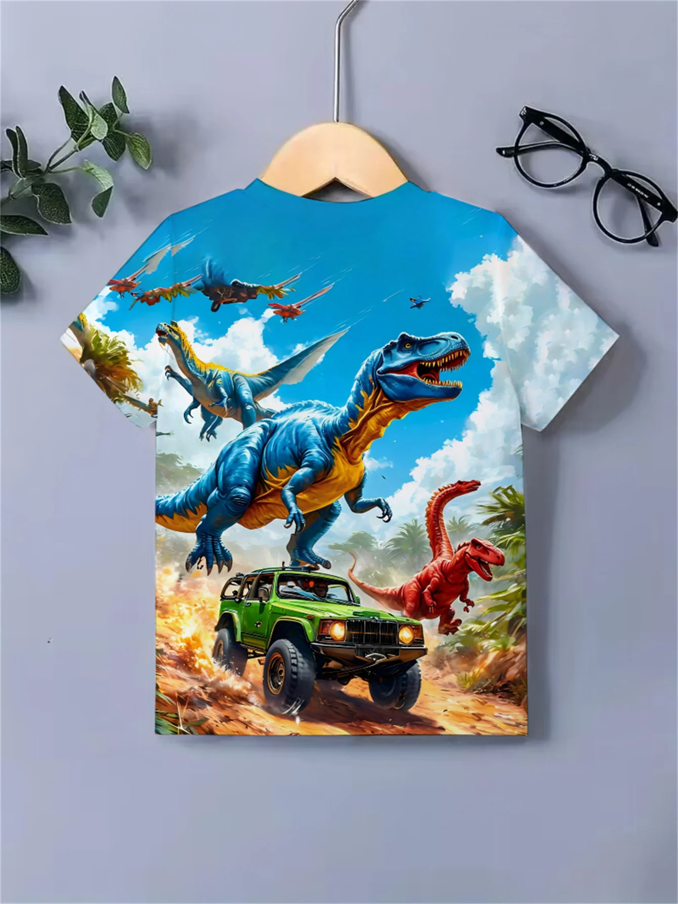 Boys Cool Dinosaur Off‑Road Vehicle Printed T‑Shirt, Children Jurassic Adventure Dino Pattern Short‑Sleeve Casual Daily Tee