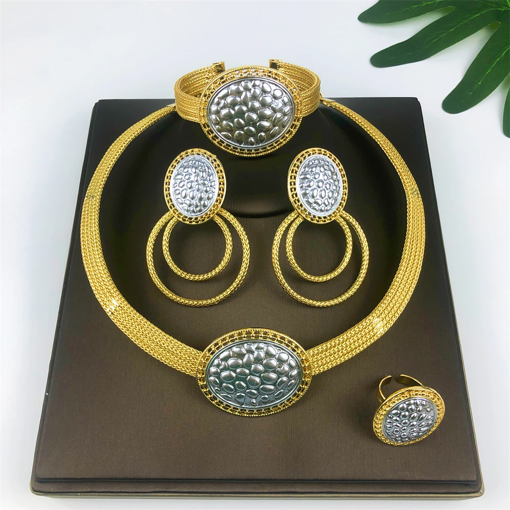 Italy 18k Gold Plated Jewelry Set For Women Classic Design Shiny Necklace Hoop Earrings Bangle And Ring Fashion 4PCS Set Jewelry