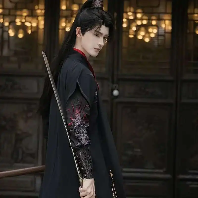 Vestido Hanfu Original negro y rojo para hombre, traje tradicional con cuello cruzado bordado, espadachín nocturno Vintage, ropa de Cosplay de nicho