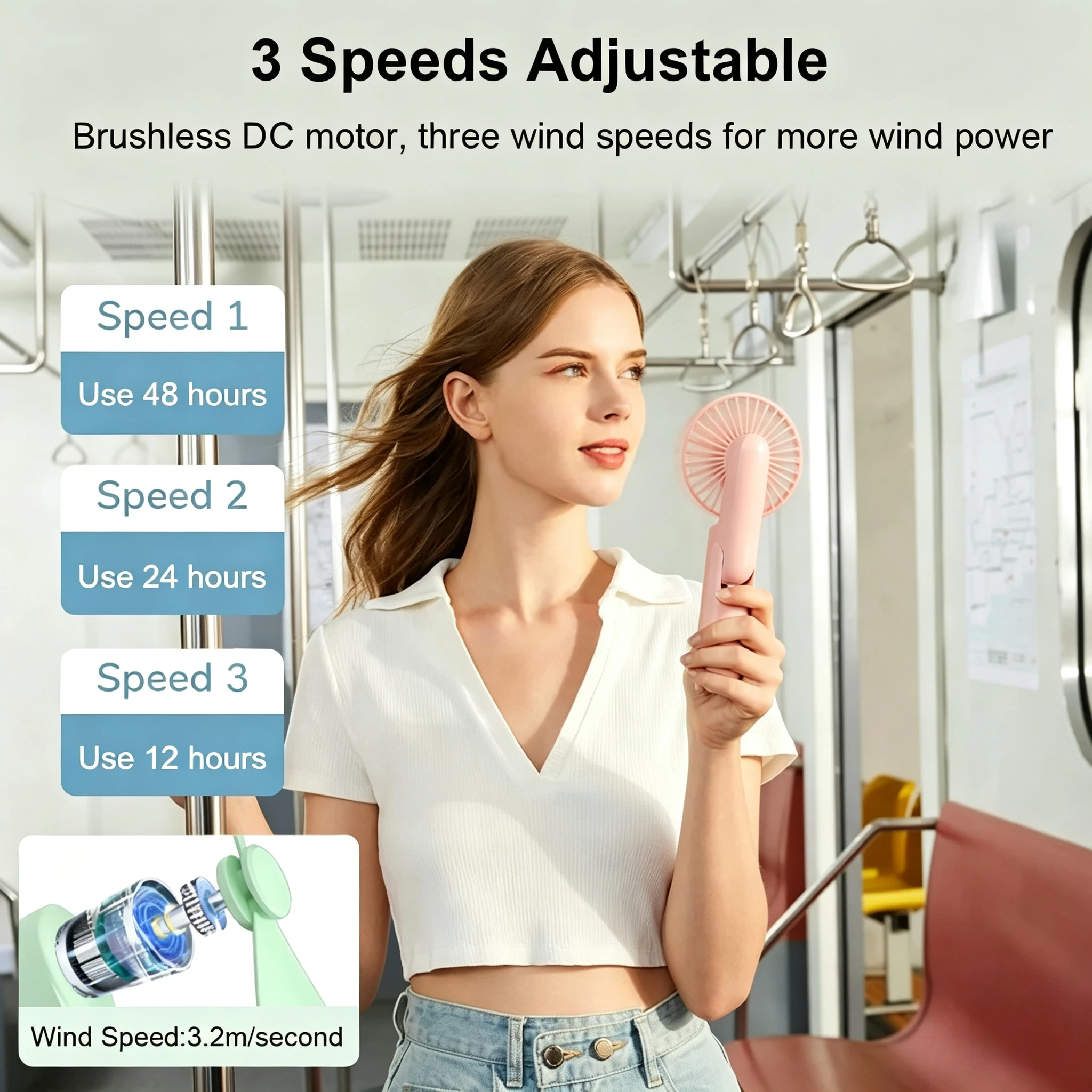 Handheld Mini Fan 3 in 1 Portable Fan 2000mAh USB Rechargeable with Power Bank Lightweight Pocket Small Fan for Travel Outdoor