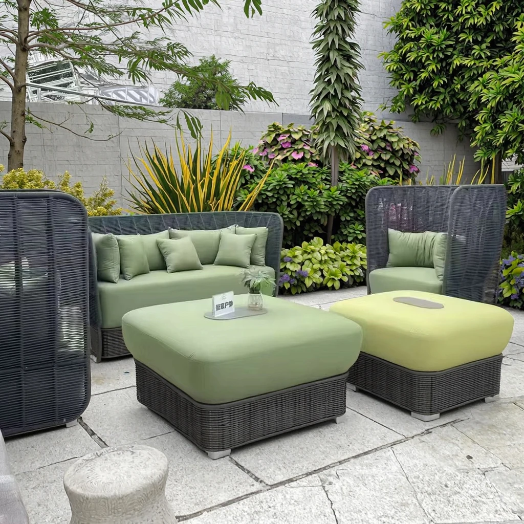 High Back Reclining Woven Rattan Lounge Chair Bed Set Waterproof Outdoor Sofa for Villas Courtyards Balconies Gardens