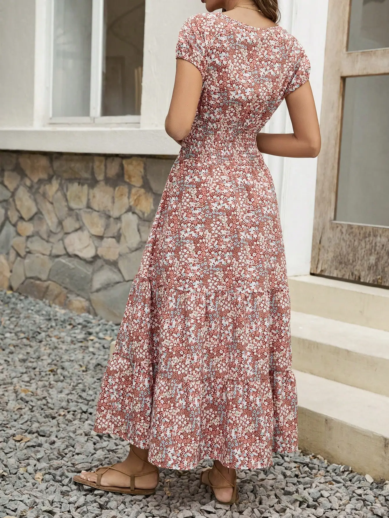 Women Floral Print V-Neck Short Sleeve Maxi Dress Bohemian Beach Vacation Outfit