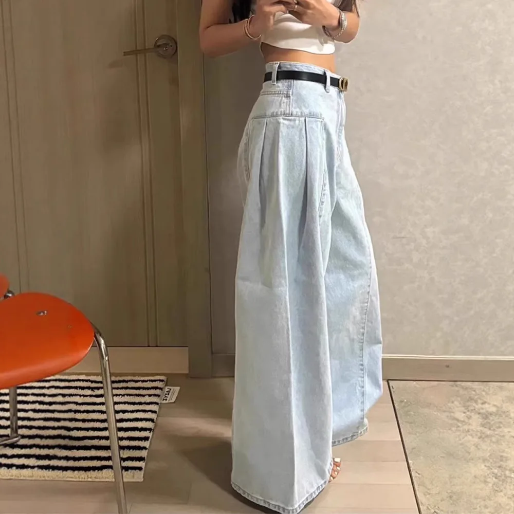 

Denim Jeans Women Pleated Pants Pockets Zipper Fly Solid Loose High Waist Full Lenth Wide Leg Pant Slight Stretch 2025 Summer