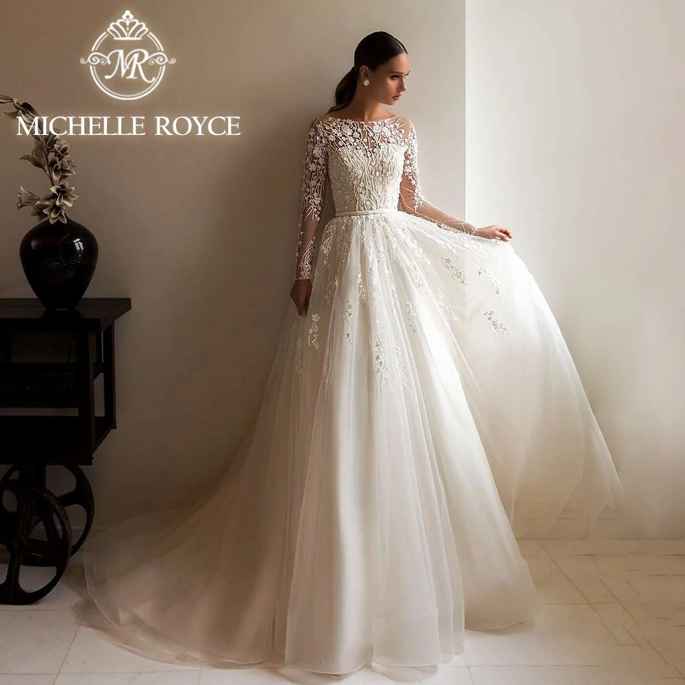 

Michelle Royce SCOOP A-Line Wedding Dresses For Women 2024 Long Sleeve Illusion Beading Appliques Wedding Gown Vestidos De Novia