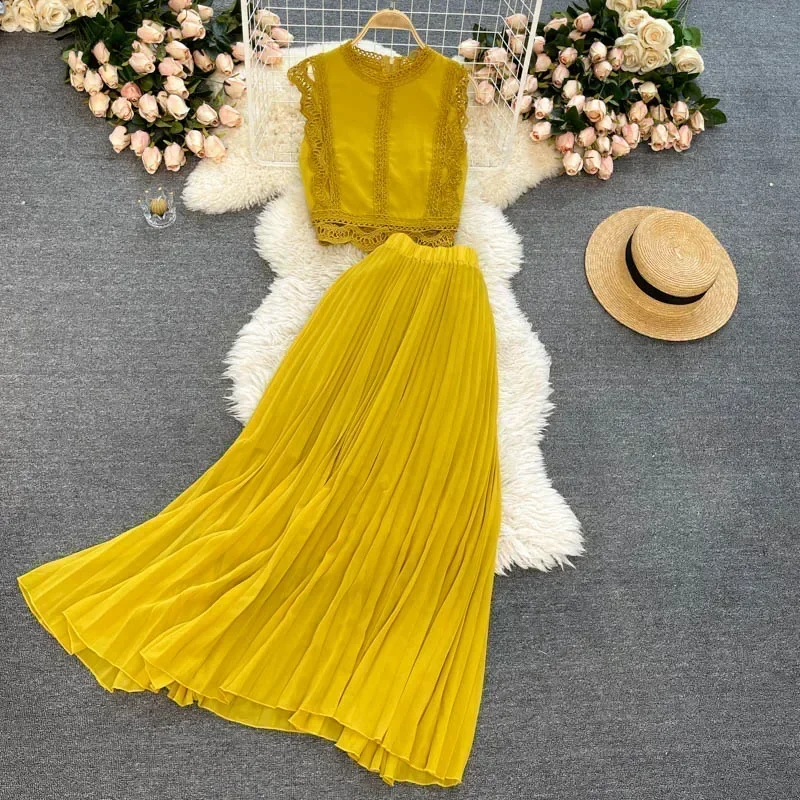 

Summer Women's Suit Korean Style Solid Color Round Neck Lace Top+high Waist Pleated Skirt Two-piece Suit New Female Sets DE457