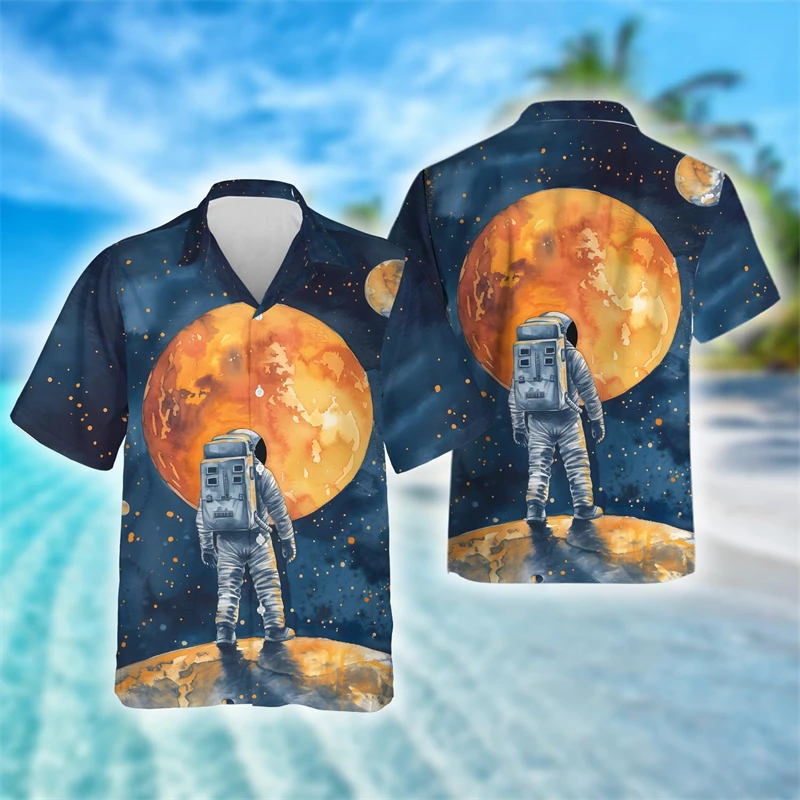 

Cartoon Graffiti Art Astronaut 3D Printed Lapel Blouse Beautiful Planet Short Sleeve Shirts For Men Clothes Y2k Stars Women Tops