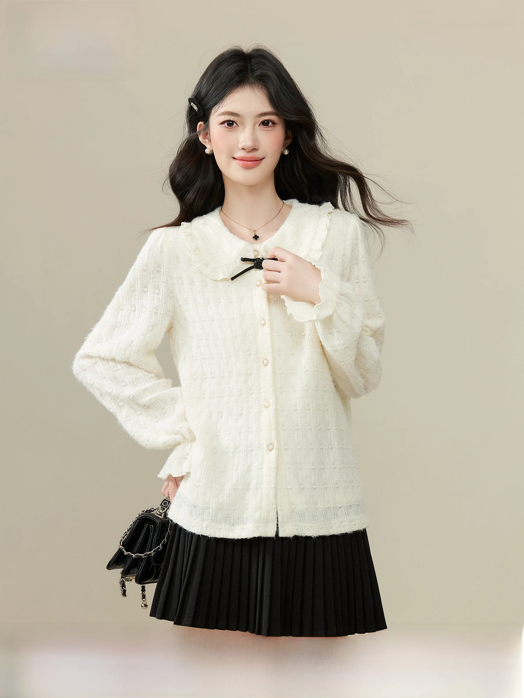 

Long Sve Lace Blouse Women's Inner irt Knot Spring 2026 New Sle Princ Sle Knitted Pure Color Regular Le...