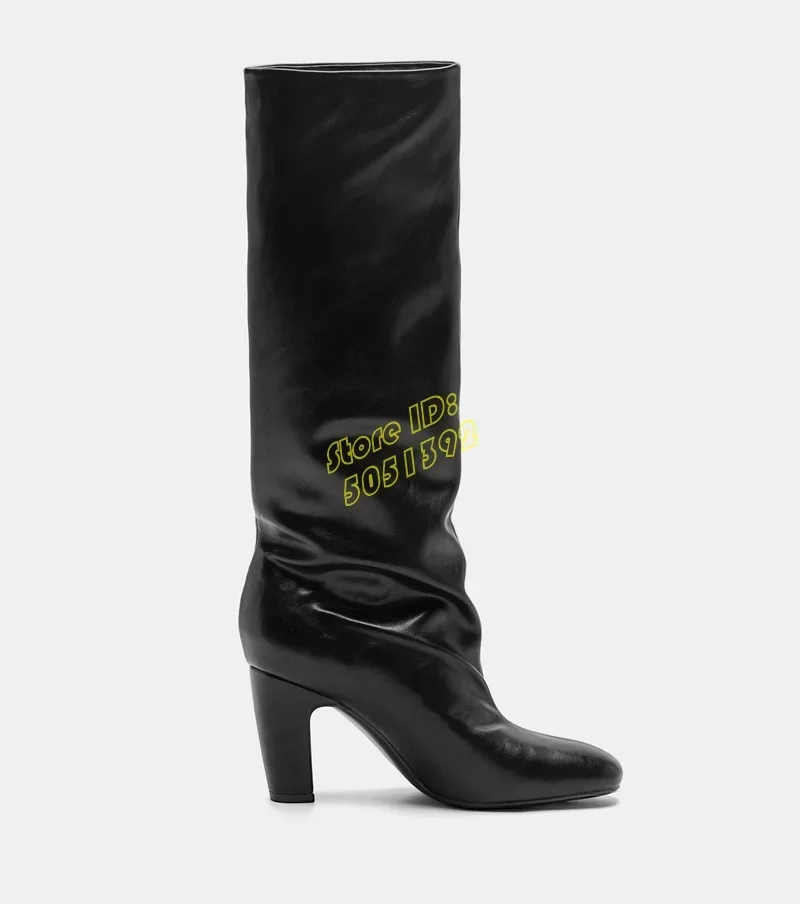 Slip On Pleated Knee High Boots Block High Heel Round Toe Black Beige Runway 2026 Winter Autumn Women Dress Shoes Chunky Heel