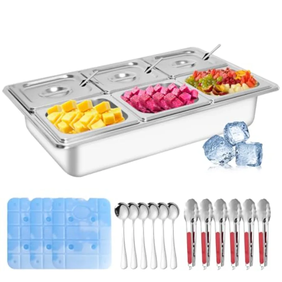 

Countertop Ice Food Serving Display Tray with 6 Pan Portable Salad Bar Buffet Station for Home Cold Food Buffet Server Pizza To