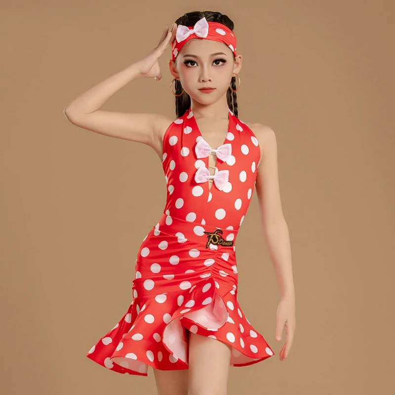 

Red Polka Dot Latin Dance Costume Girls Performance Clothes Summer Sleeveless Practice Dress Kids Latin Competition Dress L15378