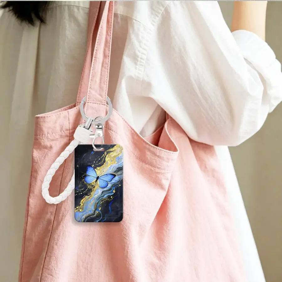 1Pc Card Holder Retractable Credit Card Holders Holders Child Bus with lanyard Badge Bank ID Cover Case Marble Flower