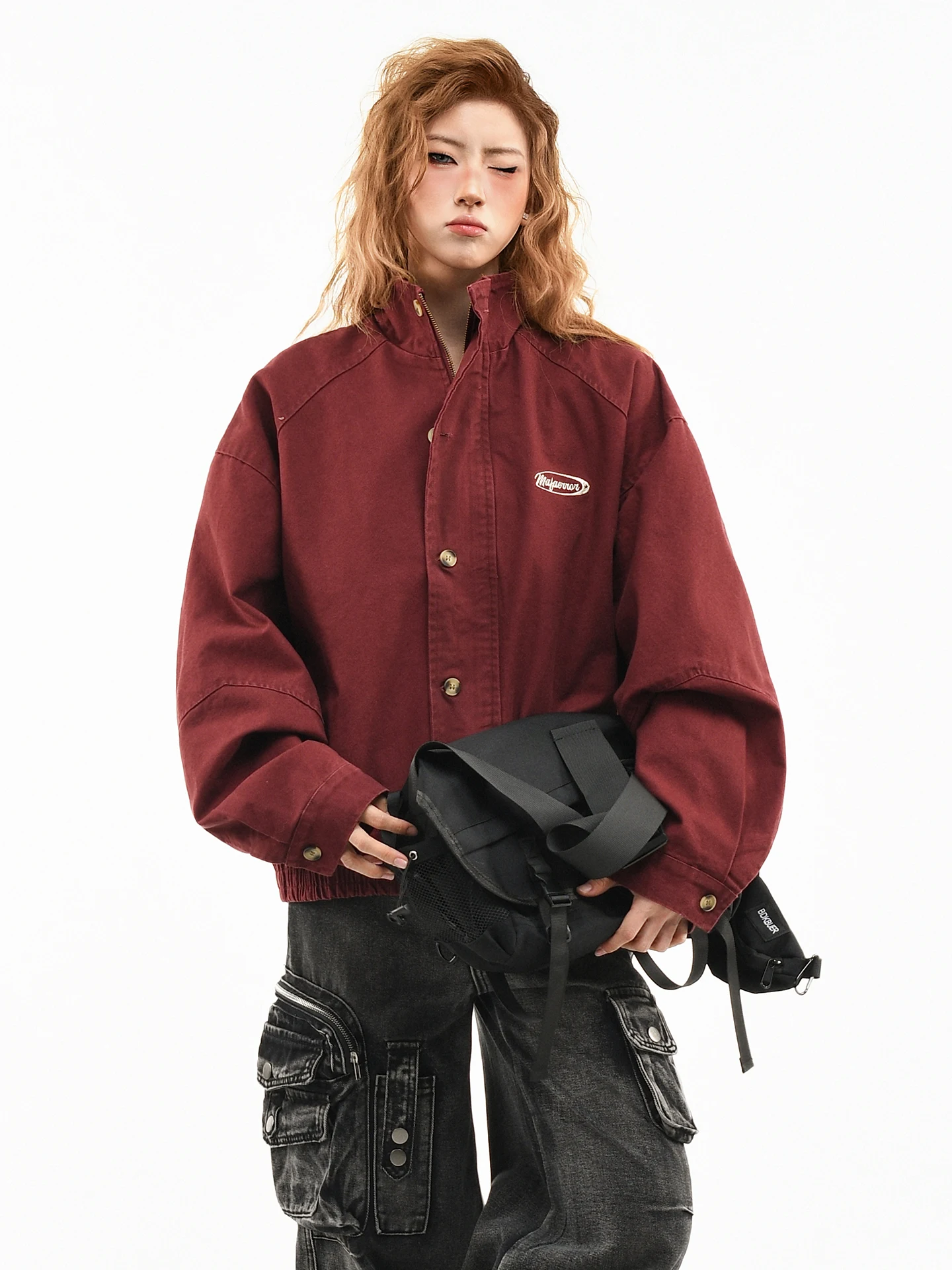 

OV Original American Retro Waed Stand Collar Jaet Women Spring Loose ort Sle Harrison Workwear Outerwear Trendy