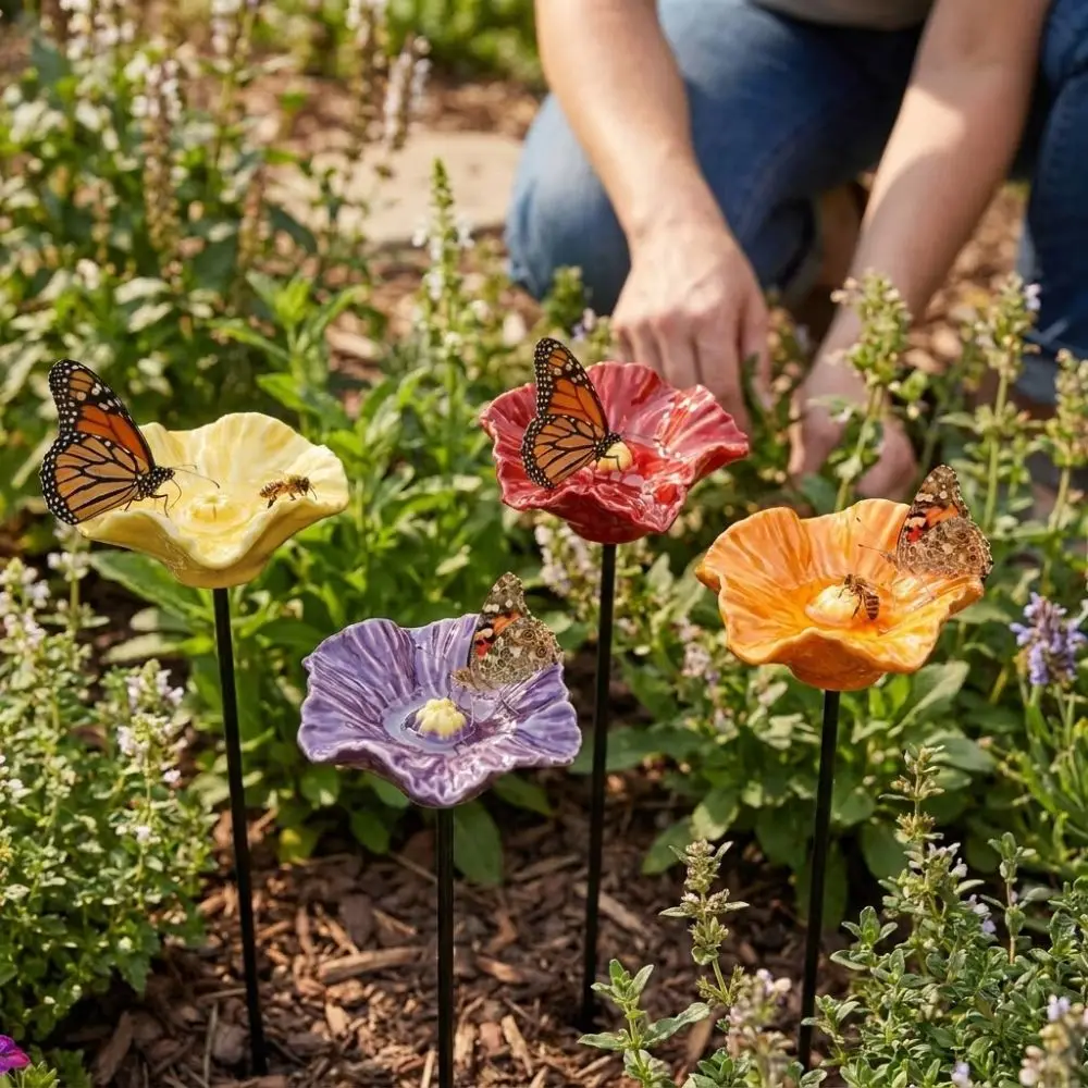 Resin Flower Bee Water Feeder Ground Insert Handcrafted Butterfly Watering Station Rust-resistant UV Resistant Bird Bath Stand