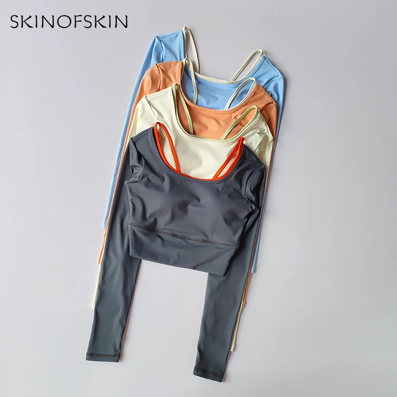 Yoga-Kleidung Langärmeliges Damen-Einteiler-Crop-Top mit Cups Schlankmachendes Schnelltrocknendes Lauf-Trainings-T-Shirt Sport-Fitness-Kleidung – Detail 2