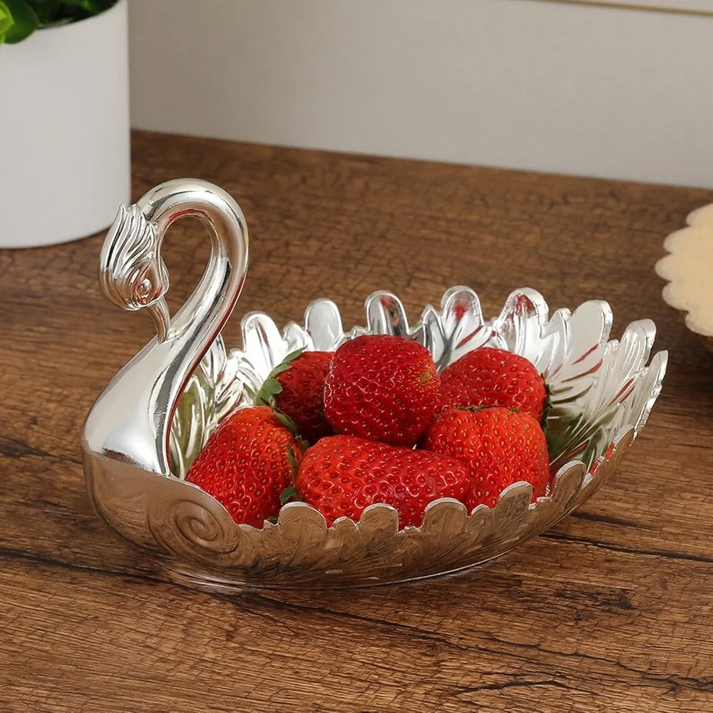 Zinc Alloy Candy Serving Tray Peacock Shape Oval Cookie Storage Dish Embossed Detailing Raised Neck Fruits Serving Bowl