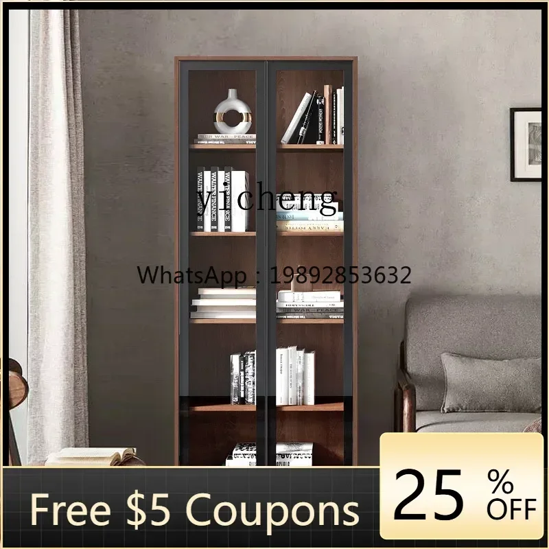 LYY Solid Wood Bookcase Floor Wall Integrated Entire Wall Dust-Proof Bookshelf Glass Door Display Cabinet