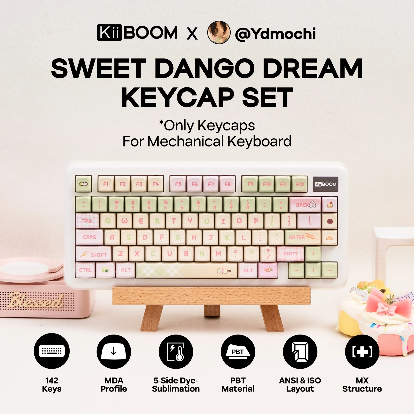 

KiiBOOM x Ydmochi Sweet Dango Dream Keycap Set 142 клавиши с профилем MDA, совместимые с Cherry MX и большинством переключателей MX-Style