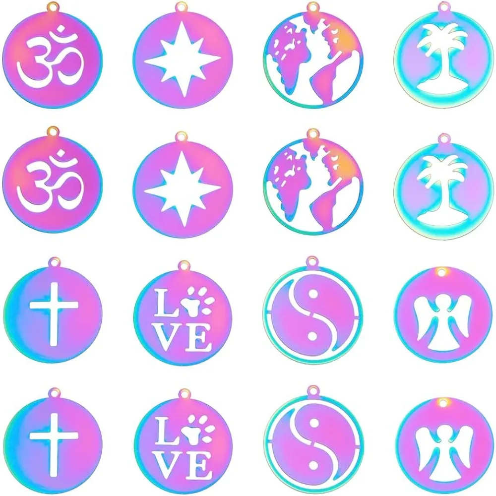 

32Pcs 8Styles Rainbow Color Flat Round Pendants 201 Stainless Steel Pendants Hollow Star Dangle Charms for DIY Bracelet Necklace