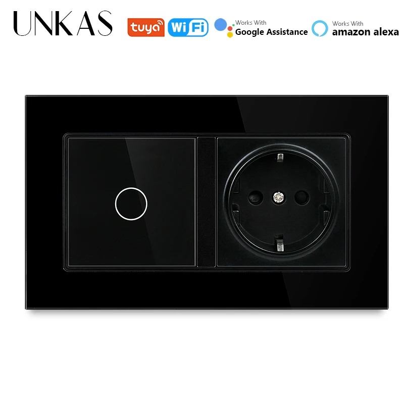 UNKAS EU Socket Single Fire Line Tuya Smart Wifi Light Switch DIY Free Combination Google Home Alexa Black Glass Panel Outlet